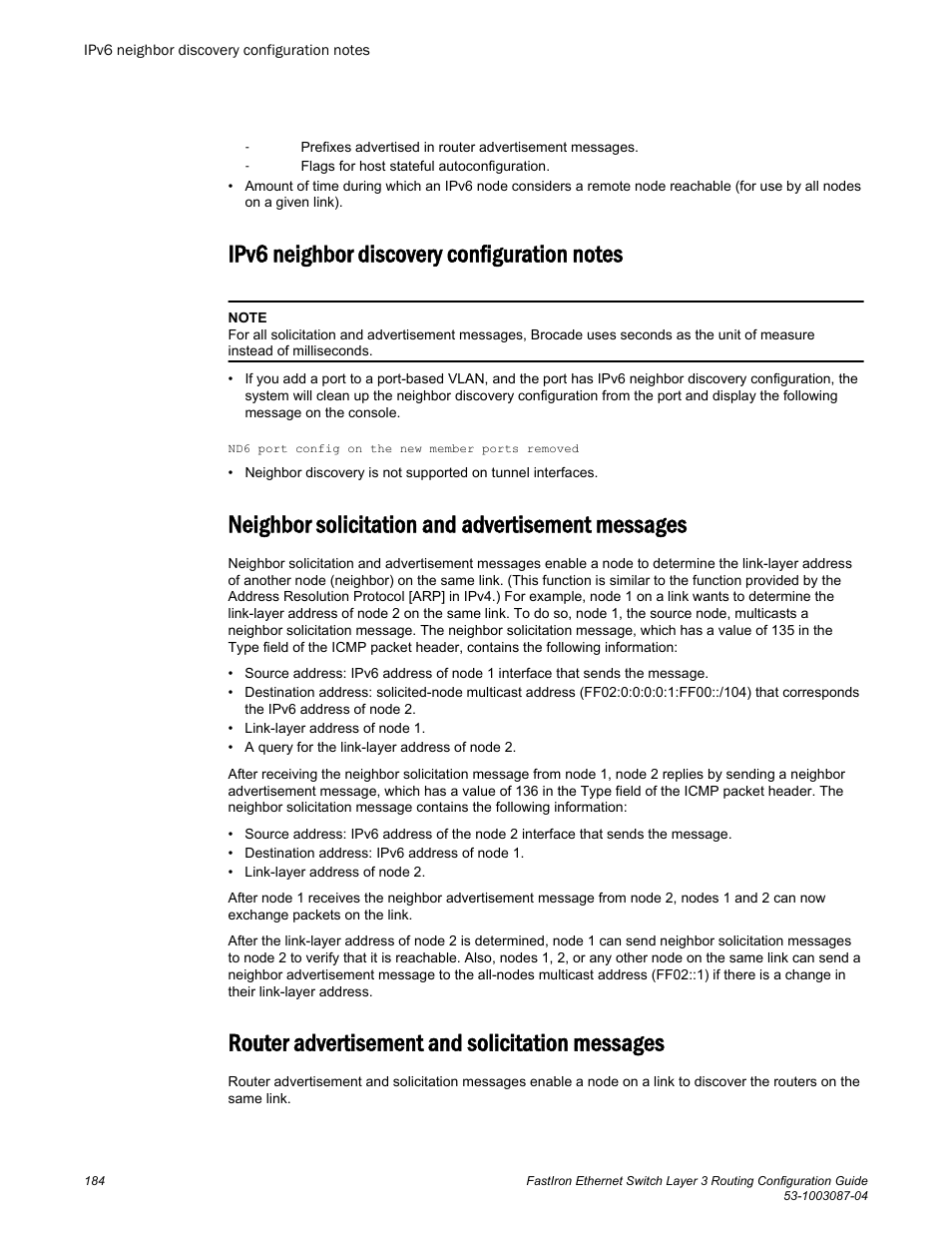 Ipv6 neighbor discovery configuration notes, Neighbor solicitation and advertisement messages, Router advertisement and solicitation messages | Brocade FastIron Ethernet Switch Layer 3 Routing Configuration Guide User Manual | Page 184 / 672