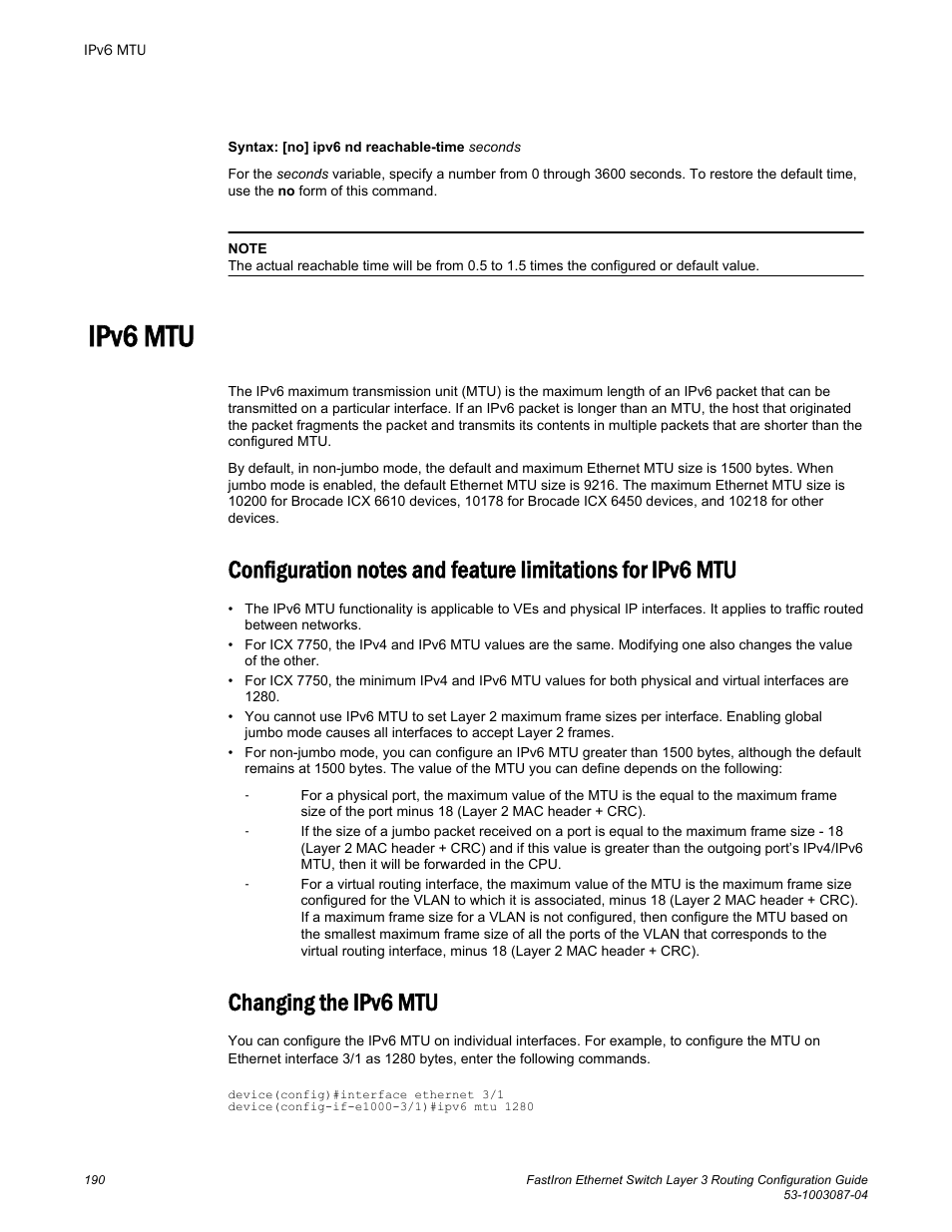 Ipv6 mtu, Changing the ipv6 mtu | Brocade FastIron Ethernet Switch Layer 3 Routing Configuration Guide User Manual | Page 190 / 672