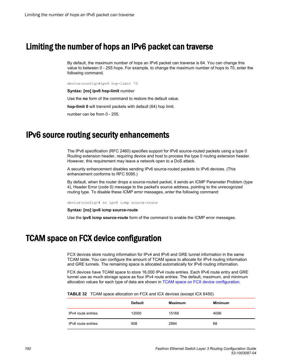 Ipv6 source routing security enhancements, Tcam space on fcx device configuration | Brocade FastIron Ethernet Switch Layer 3 Routing Configuration Guide User Manual | Page 192 / 672