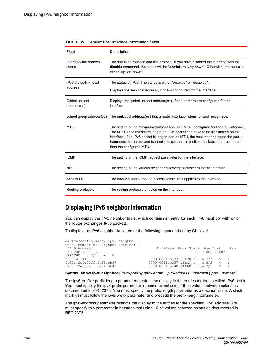 Displaying ipv6 neighbor information | Brocade FastIron Ethernet Switch Layer 3 Routing Configuration Guide User Manual | Page 198 / 672