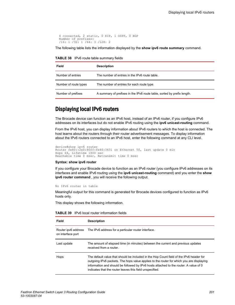 Displaying local ipv6 routers | Brocade FastIron Ethernet Switch Layer 3 Routing Configuration Guide User Manual | Page 201 / 672