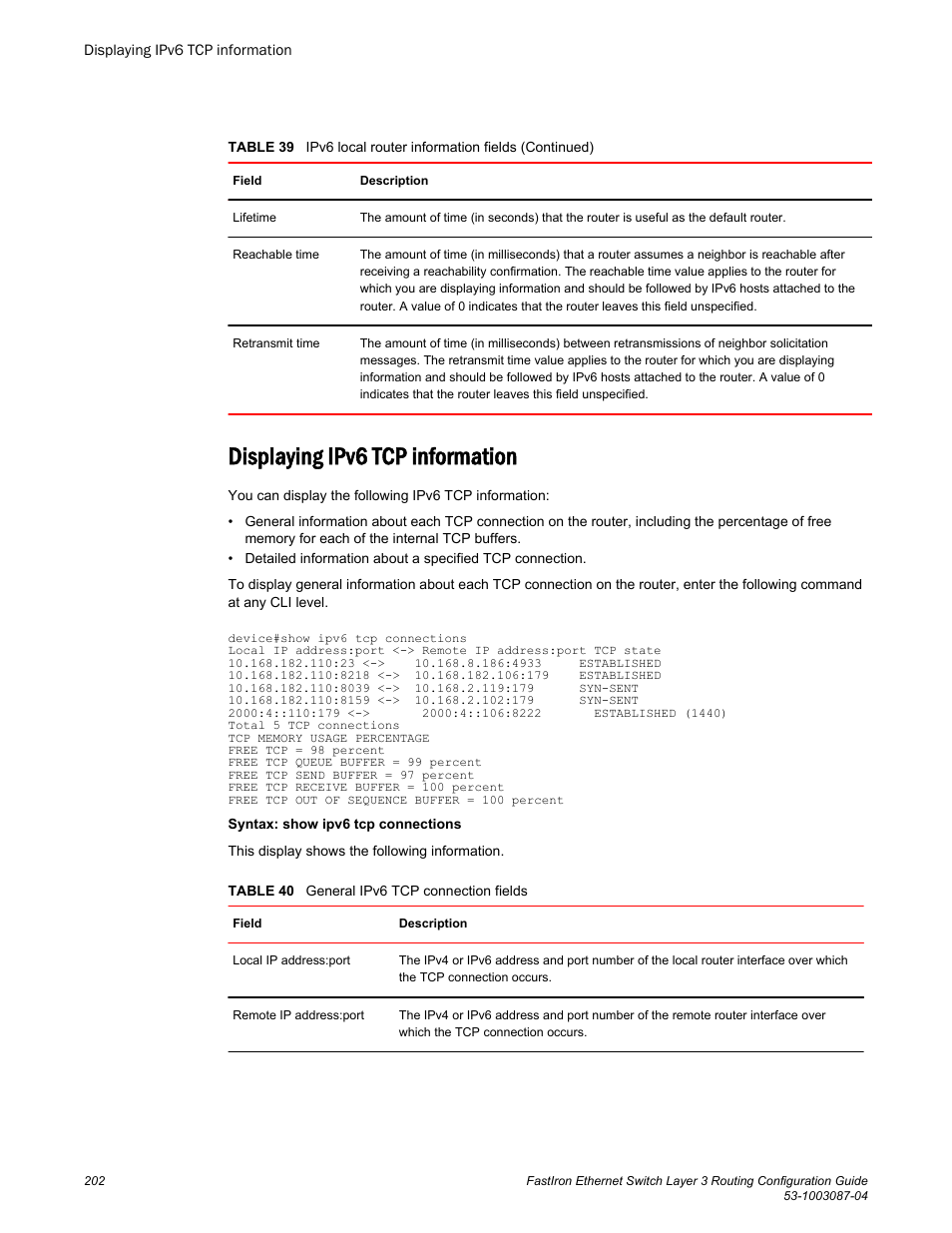 Displaying ipv6 tcp information | Brocade FastIron Ethernet Switch Layer 3 Routing Configuration Guide User Manual | Page 202 / 672