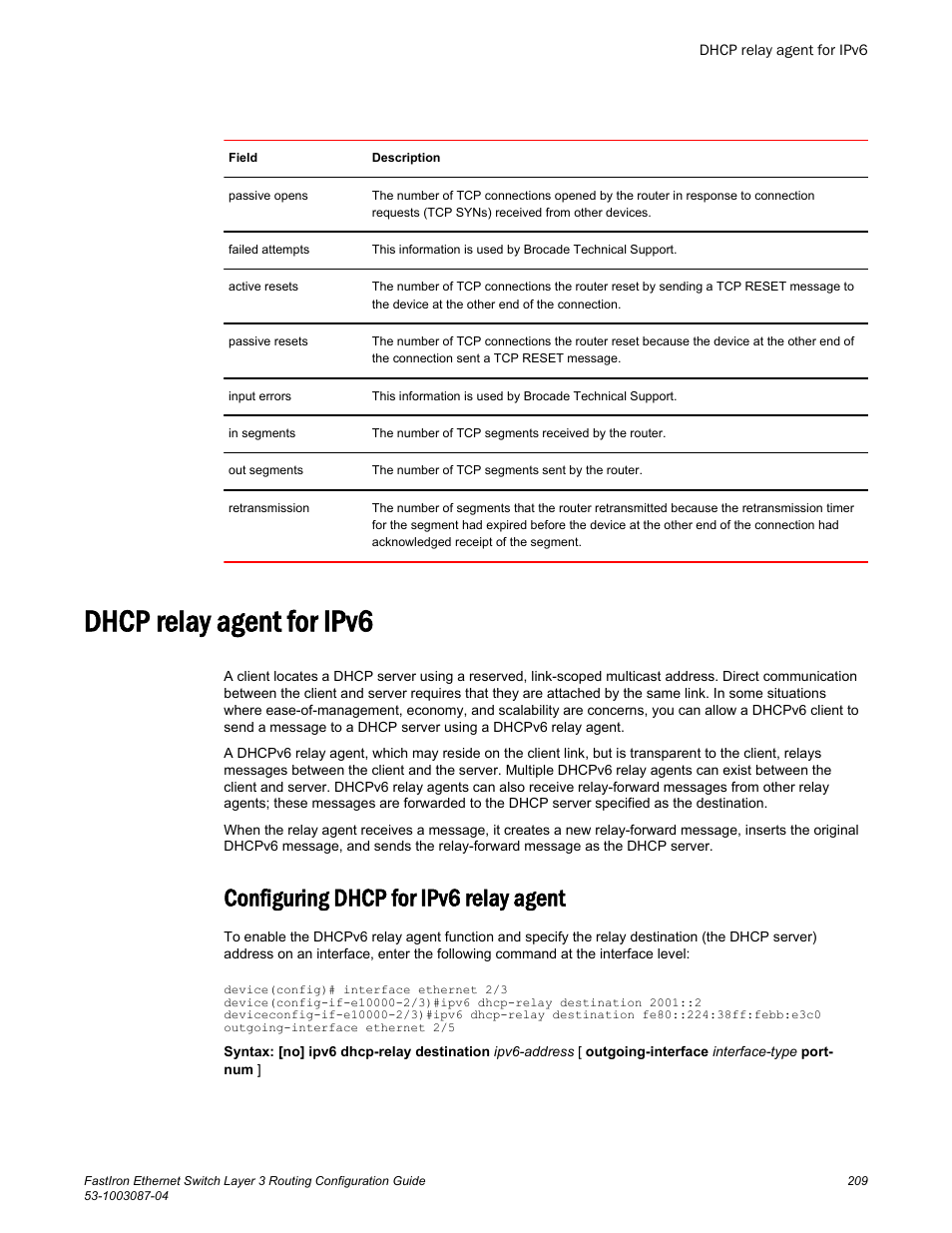 Dhcp relay agent for ipv6, Configuring dhcp for ipv6 relay agent | Brocade FastIron Ethernet Switch Layer 3 Routing Configuration Guide User Manual | Page 209 / 672