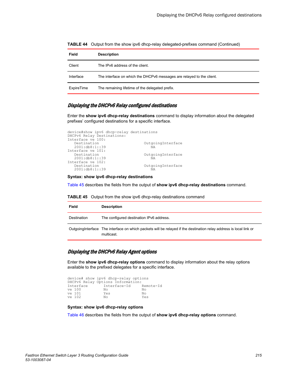 Displaying the dhcpv6 relay agent options | Brocade FastIron Ethernet Switch Layer 3 Routing Configuration Guide User Manual | Page 215 / 672