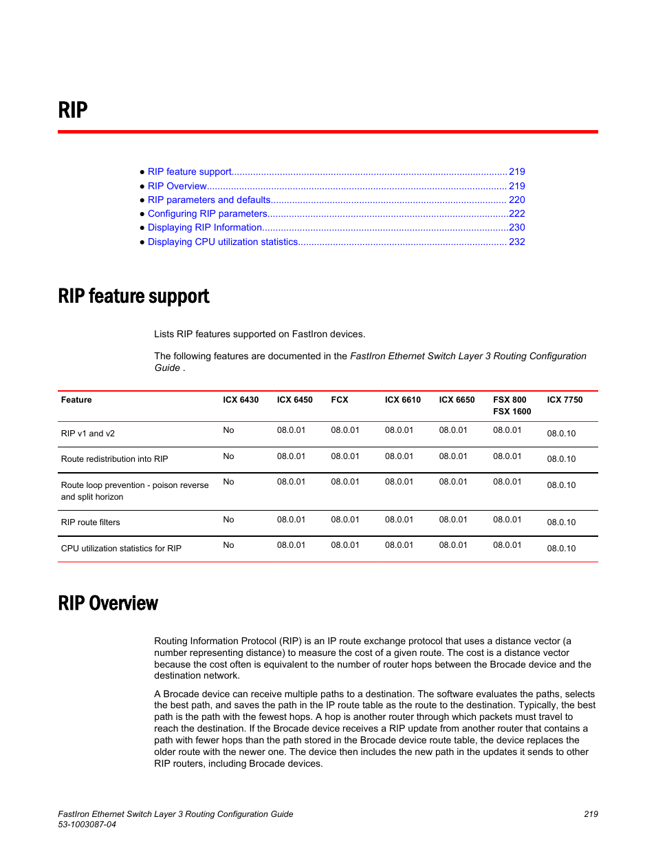 Rip feature support, Rip overview, Rip feature support rip overview | Brocade FastIron Ethernet Switch Layer 3 Routing Configuration Guide User Manual | Page 219 / 672