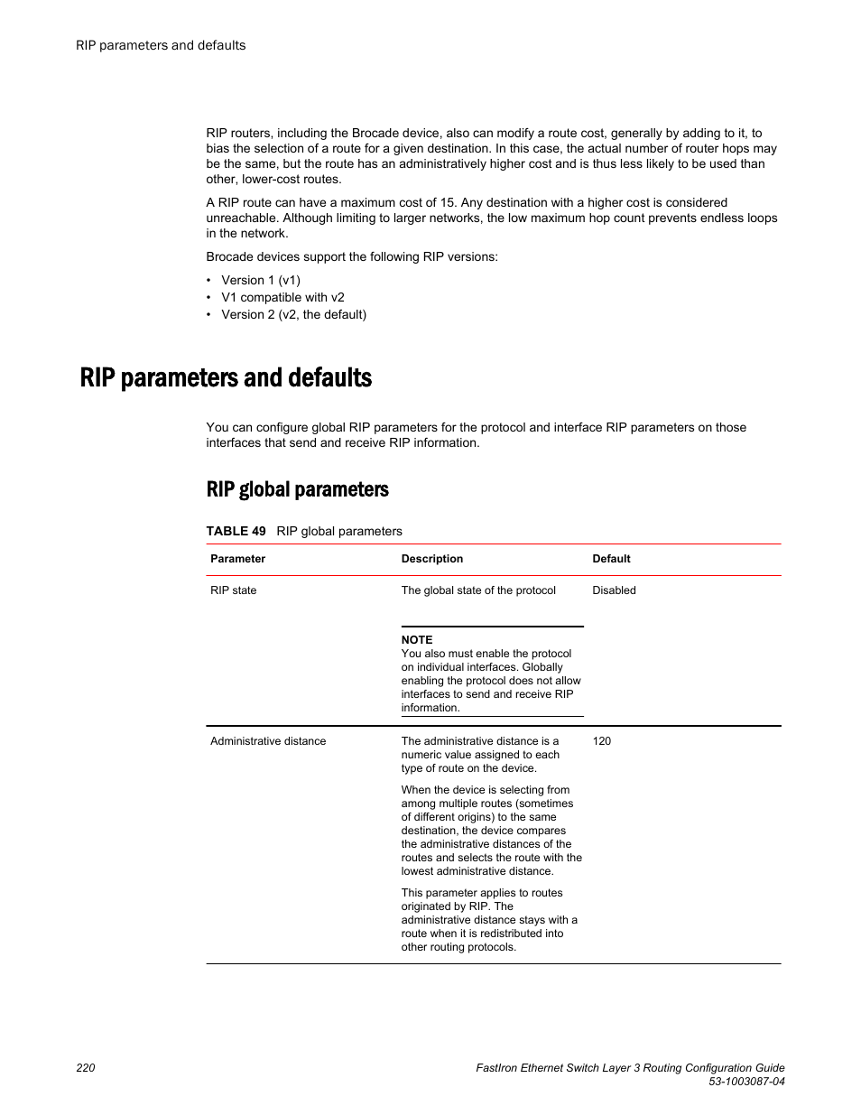 Rip parameters and defaults, Rip global parameters | Brocade FastIron Ethernet Switch Layer 3 Routing Configuration Guide User Manual | Page 220 / 672