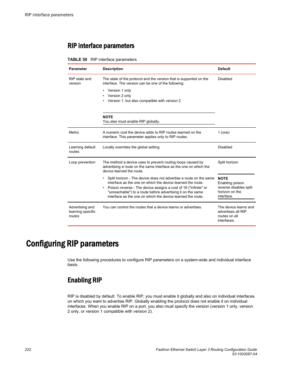 Rip interface parameters, Configuring rip parameters, Enabling rip | Brocade FastIron Ethernet Switch Layer 3 Routing Configuration Guide User Manual | Page 222 / 672