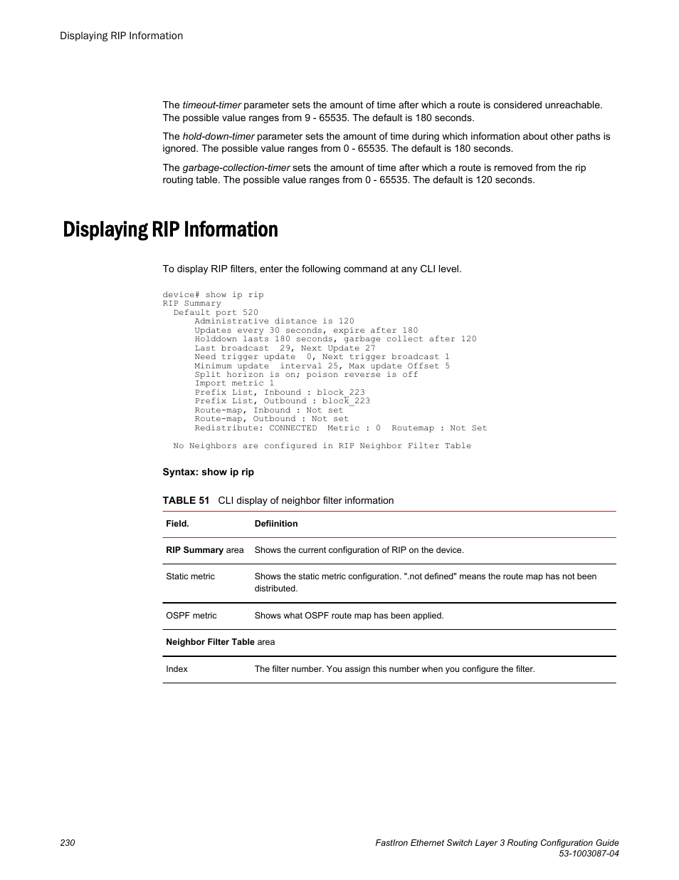 Displaying rip information | Brocade FastIron Ethernet Switch Layer 3 Routing Configuration Guide User Manual | Page 230 / 672