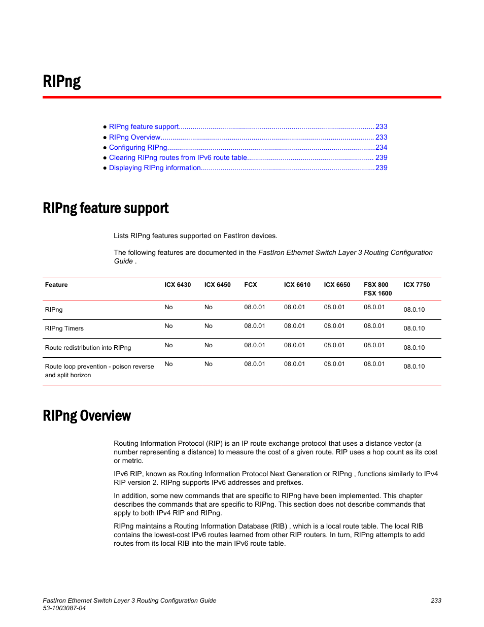 Ripng, Ripng feature support, Ripng overview | Ripng feature support ripng overview | Brocade FastIron Ethernet Switch Layer 3 Routing Configuration Guide User Manual | Page 233 / 672