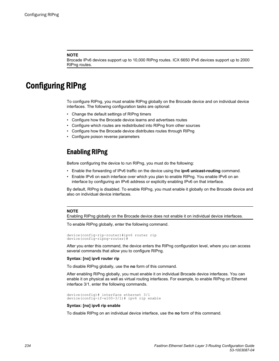 Configuring ripng, Enabling ripng | Brocade FastIron Ethernet Switch Layer 3 Routing Configuration Guide User Manual | Page 234 / 672