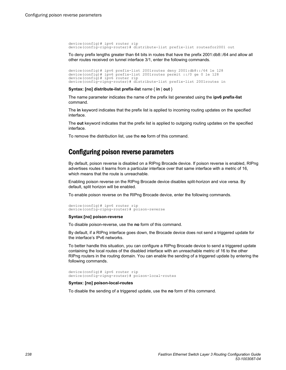 Configuring poison reverse parameters | Brocade FastIron Ethernet Switch Layer 3 Routing Configuration Guide User Manual | Page 238 / 672