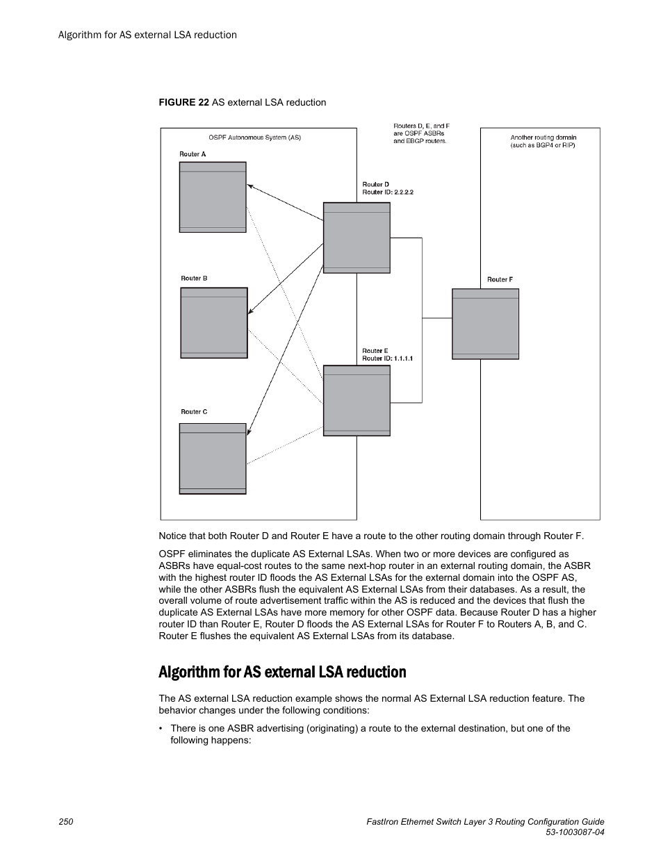 Algorithm for as external lsa reduction | Brocade FastIron Ethernet Switch Layer 3 Routing Configuration Guide User Manual | Page 250 / 672