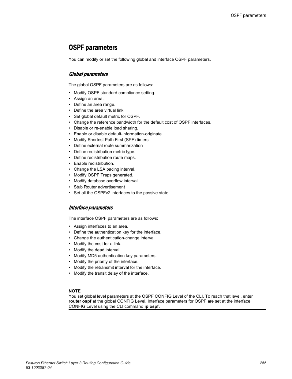 Ospf parameters, Global parameters, Interface parameters | Brocade FastIron Ethernet Switch Layer 3 Routing Configuration Guide User Manual | Page 255 / 672