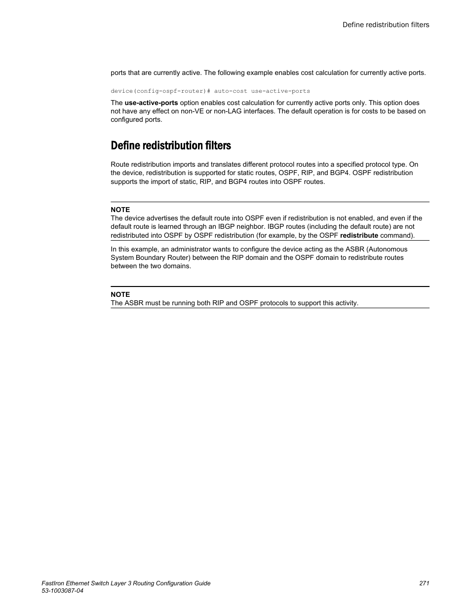 Define redistribution filters | Brocade FastIron Ethernet Switch Layer 3 Routing Configuration Guide User Manual | Page 271 / 672