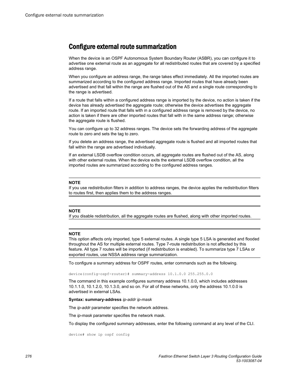 Configure external route summarization | Brocade FastIron Ethernet Switch Layer 3 Routing Configuration Guide User Manual | Page 276 / 672