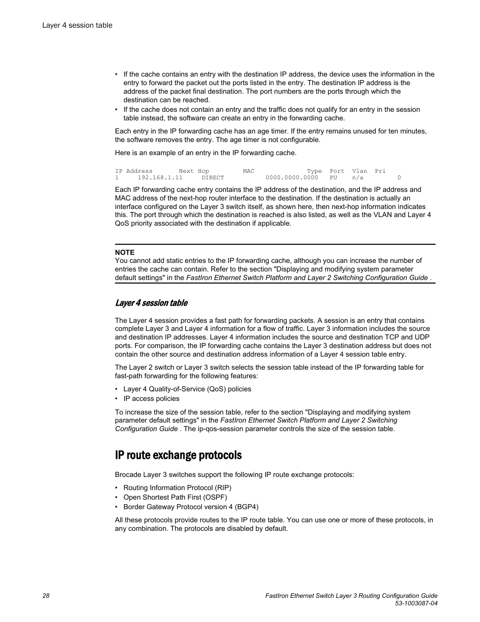 Layer 4 session table, Ip route exchange protocols | Brocade FastIron Ethernet Switch Layer 3 Routing Configuration Guide User Manual | Page 28 / 672