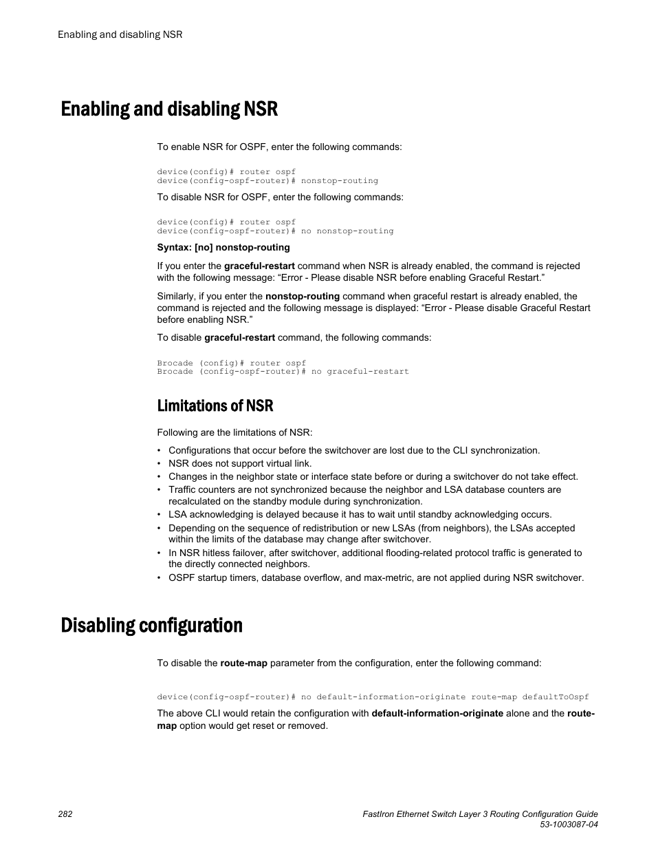 Enabling and disabling nsr, Limitations of nsr, Disabling configuration | Brocade FastIron Ethernet Switch Layer 3 Routing Configuration Guide User Manual | Page 282 / 672