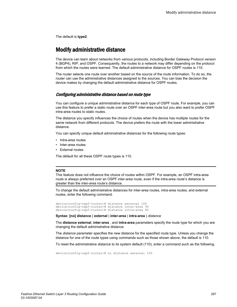 Modify administrative distance | Brocade FastIron Ethernet Switch Layer 3 Routing Configuration Guide User Manual | Page 287 / 672