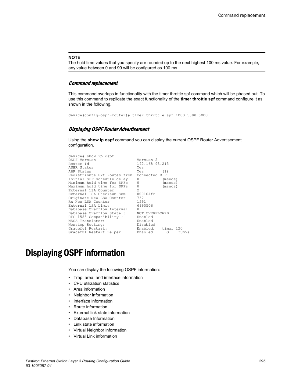 Command replacement, Displaying ospf router advertisement, Displaying ospf information | Brocade FastIron Ethernet Switch Layer 3 Routing Configuration Guide User Manual | Page 295 / 672