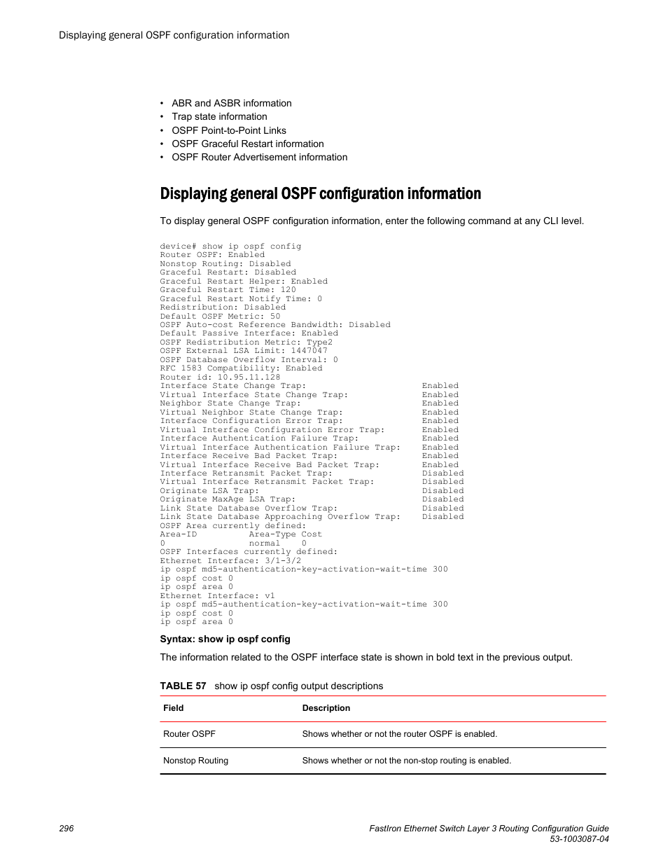 Displaying general ospf configuration information | Brocade FastIron Ethernet Switch Layer 3 Routing Configuration Guide User Manual | Page 296 / 672