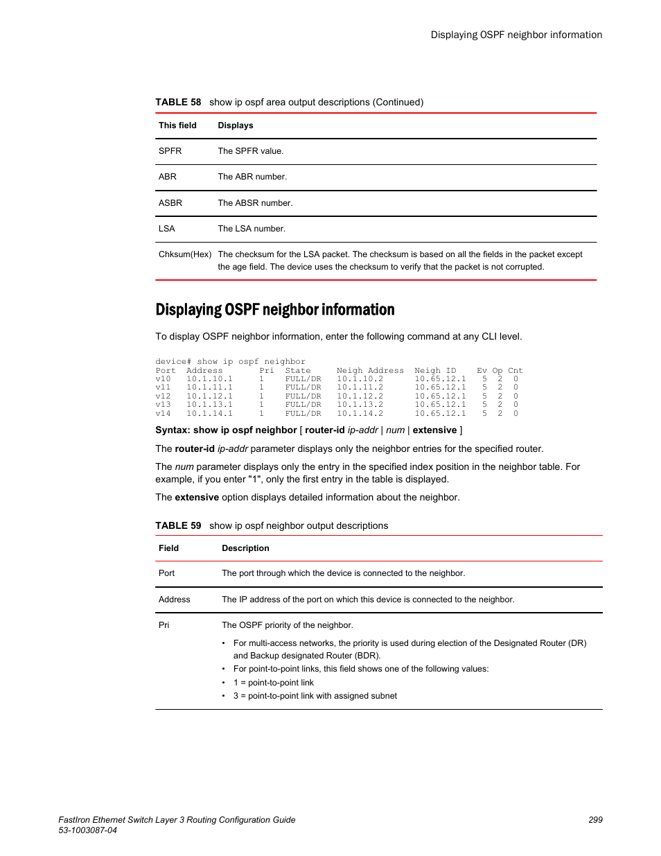 Displaying ospf neighbor information | Brocade FastIron Ethernet Switch Layer 3 Routing Configuration Guide User Manual | Page 299 / 672