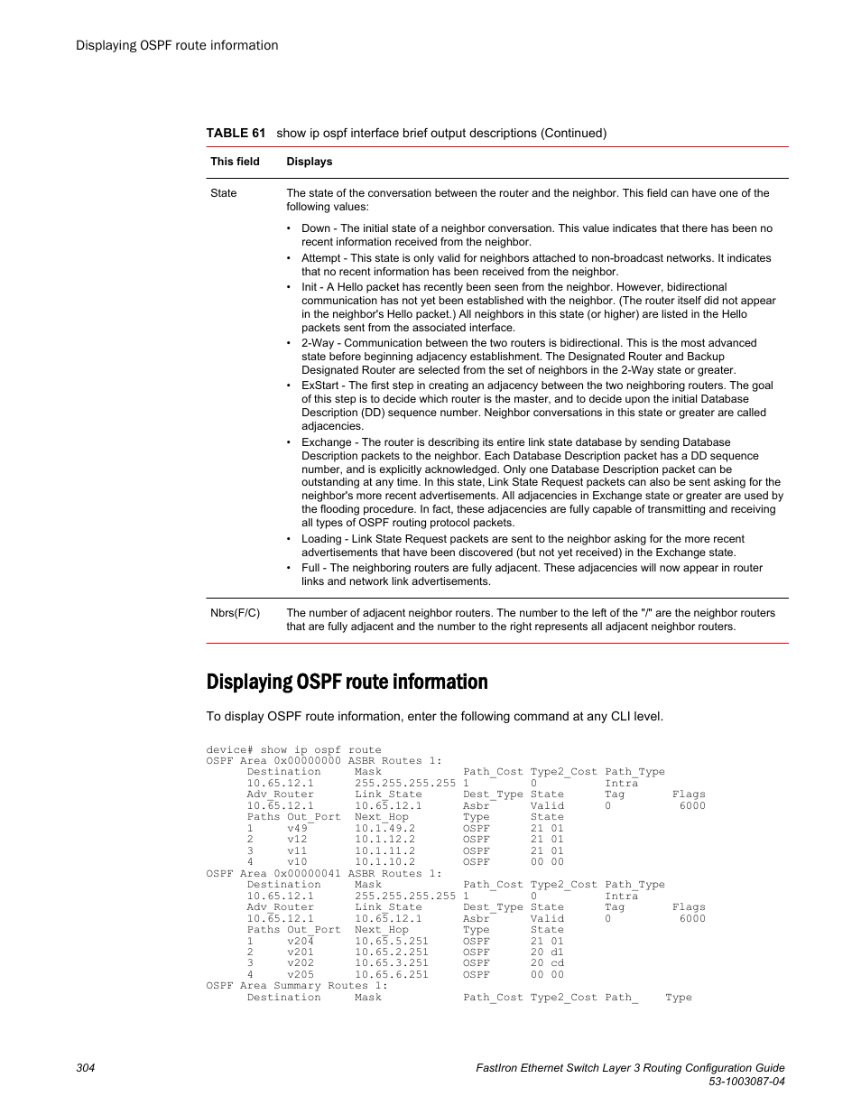 Displaying ospf route information | Brocade FastIron Ethernet Switch Layer 3 Routing Configuration Guide User Manual | Page 304 / 672