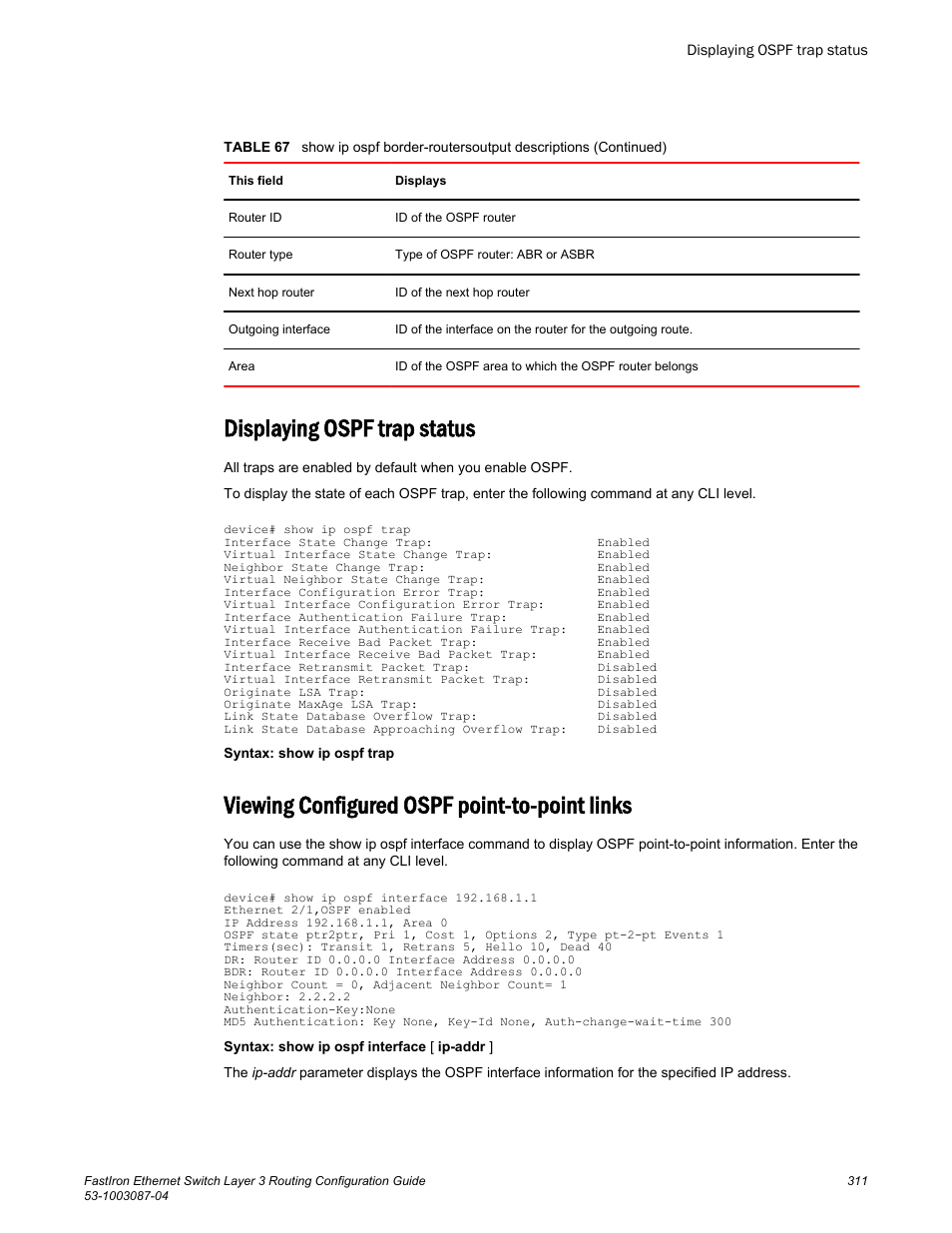 Displaying ospf trap status, Viewing configured ospf point-to-point links | Brocade FastIron Ethernet Switch Layer 3 Routing Configuration Guide User Manual | Page 311 / 672