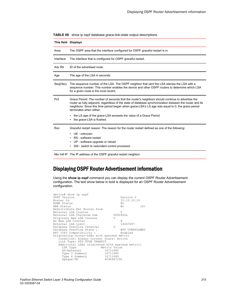 Displaying ospf router advertisement information | Brocade FastIron Ethernet Switch Layer 3 Routing Configuration Guide User Manual | Page 315 / 672