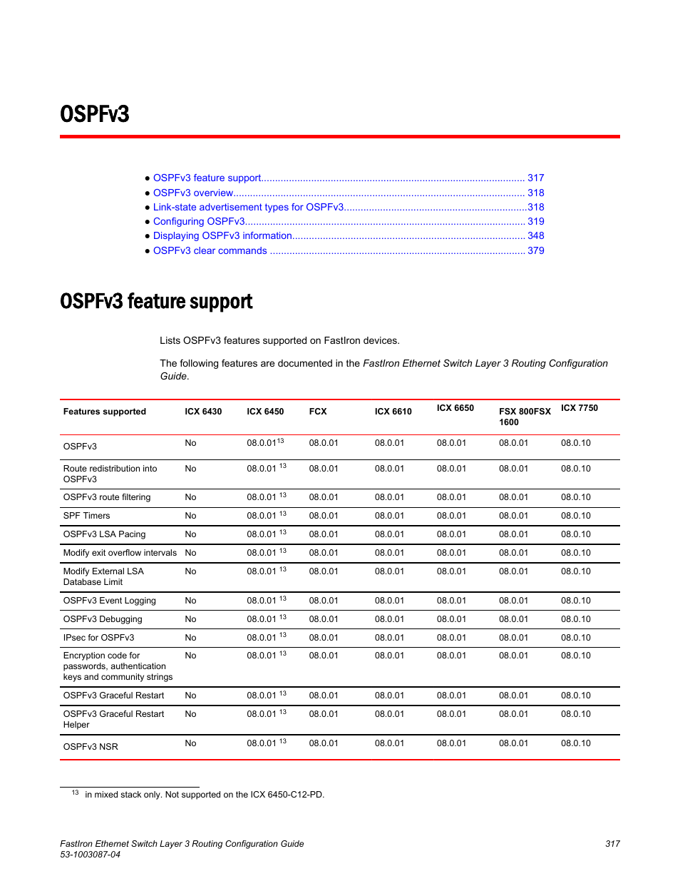 Ospfv3, Ospfv3 feature support | Brocade FastIron Ethernet Switch Layer 3 Routing Configuration Guide User Manual | Page 317 / 672
