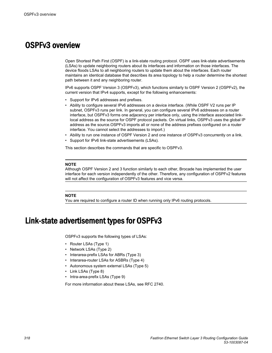 Ospfv3 overview, Link-state advertisement types for ospfv3 | Brocade FastIron Ethernet Switch Layer 3 Routing Configuration Guide User Manual | Page 318 / 672