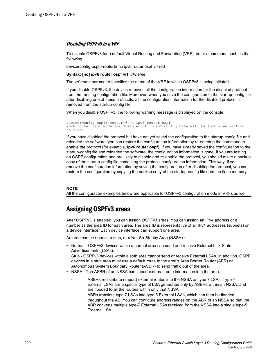 Disabling ospfv3 in a vrf, Assigning ospfv3 areas | Brocade FastIron Ethernet Switch Layer 3 Routing Configuration Guide User Manual | Page 320 / 672