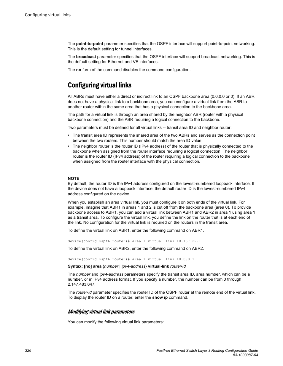 Configuring virtual links, Modifying virtual link parameters | Brocade FastIron Ethernet Switch Layer 3 Routing Configuration Guide User Manual | Page 326 / 672