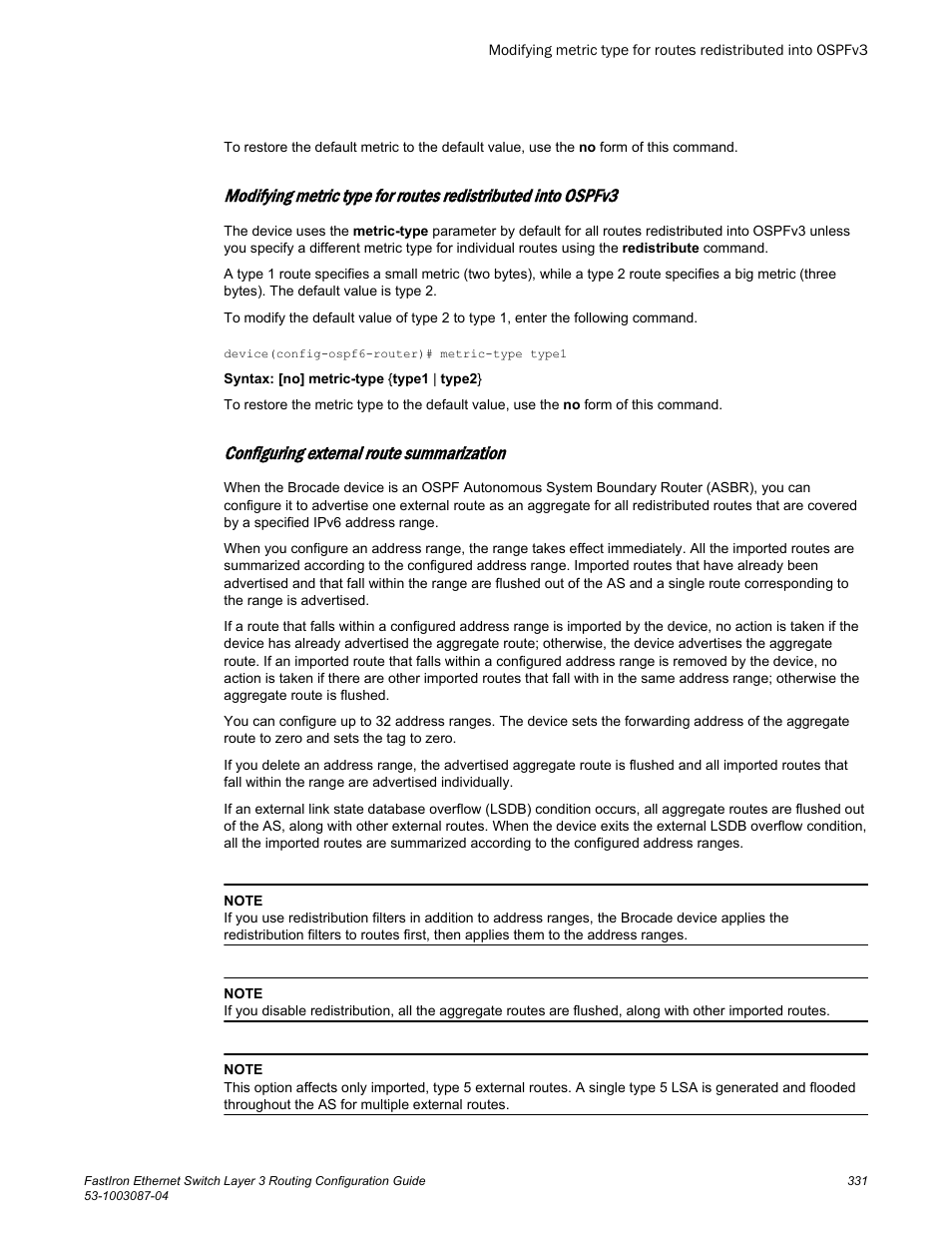 Configuring external route summarization | Brocade FastIron Ethernet Switch Layer 3 Routing Configuration Guide User Manual | Page 331 / 672