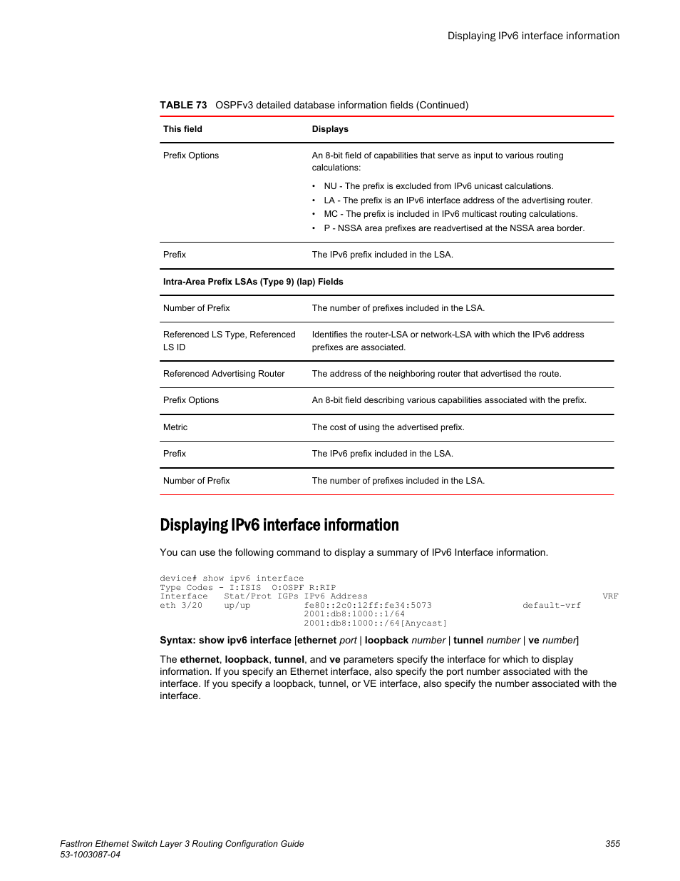 Displaying ipv6 interface information | Brocade FastIron Ethernet Switch Layer 3 Routing Configuration Guide User Manual | Page 355 / 672