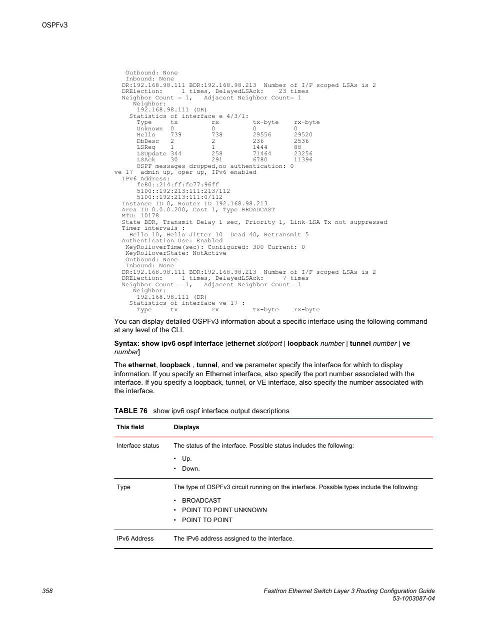 Brocade FastIron Ethernet Switch Layer 3 Routing Configuration Guide User Manual | Page 358 / 672