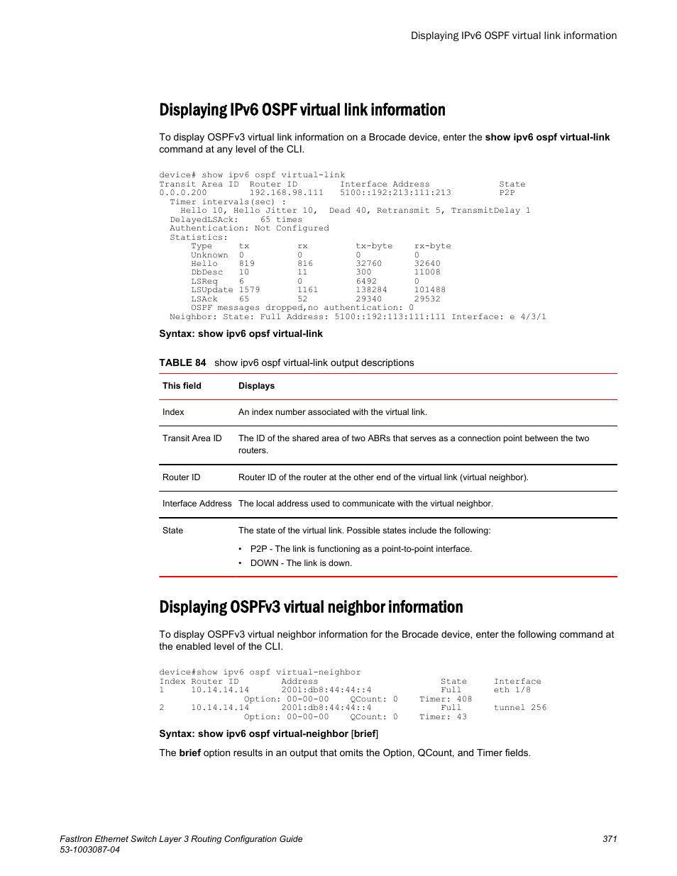 Displaying ipv6 ospf virtual link information, Displaying ospfv3 virtual neighbor information | Brocade FastIron Ethernet Switch Layer 3 Routing Configuration Guide User Manual | Page 371 / 672