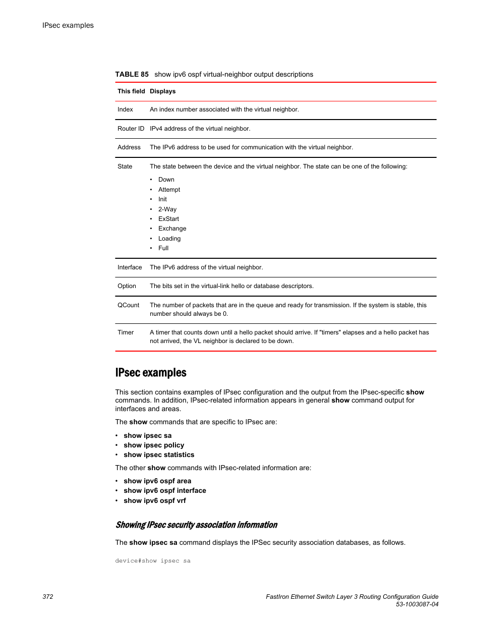 Ipsec examples, Showing ipsec security association information | Brocade FastIron Ethernet Switch Layer 3 Routing Configuration Guide User Manual | Page 372 / 672