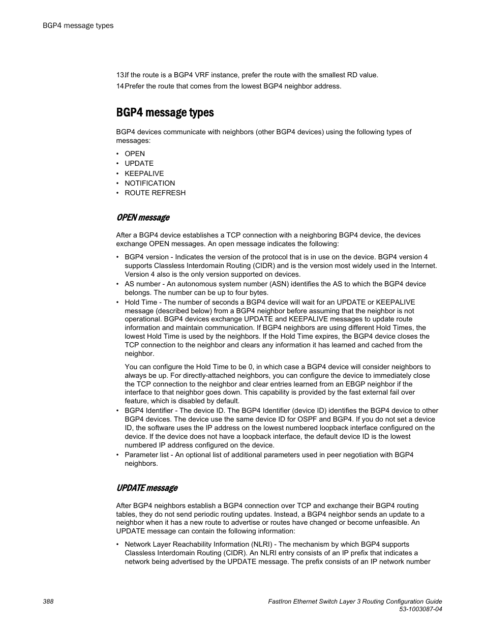 Bgp4 message types, Open message, Update message | Brocade FastIron Ethernet Switch Layer 3 Routing Configuration Guide User Manual | Page 388 / 672