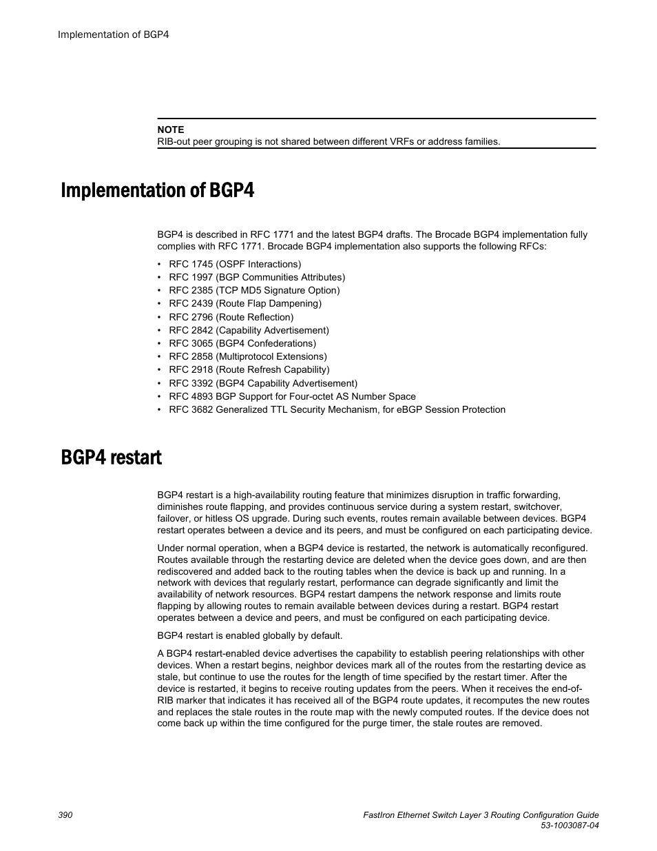 Implementation of bgp4, Bgp4 restart, Implementation of bgp4 bgp4 restart | Brocade FastIron Ethernet Switch Layer 3 Routing Configuration Guide User Manual | Page 390 / 672