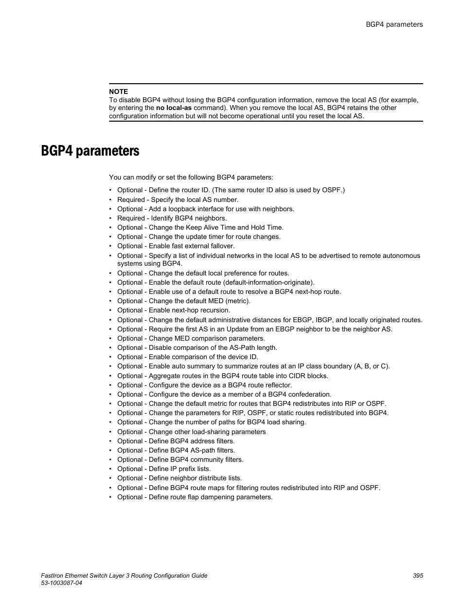 Bgp4 parameters | Brocade FastIron Ethernet Switch Layer 3 Routing Configuration Guide User Manual | Page 395 / 672