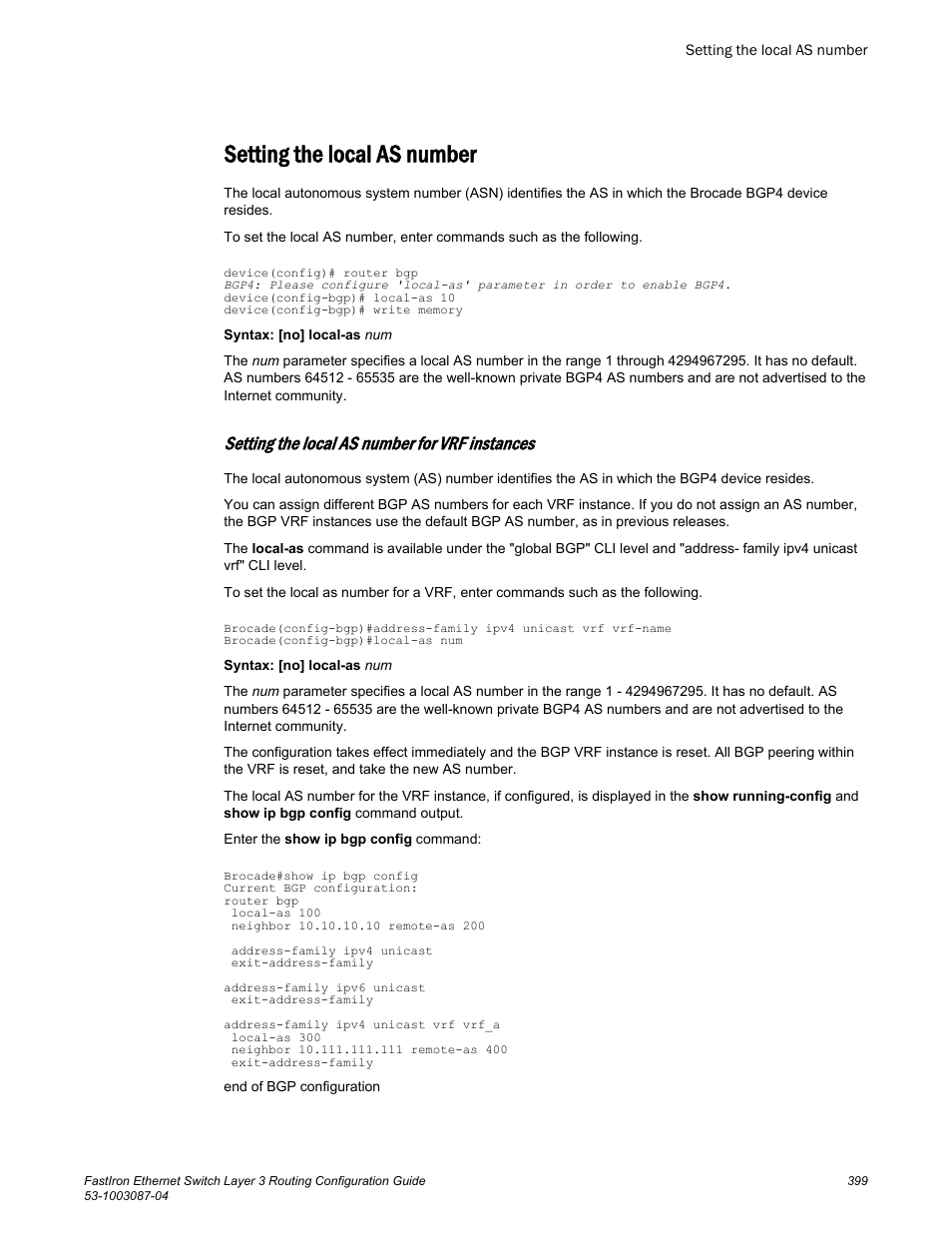 Setting the local as number, Setting the local as number for vrf instances | Brocade FastIron Ethernet Switch Layer 3 Routing Configuration Guide User Manual | Page 399 / 672