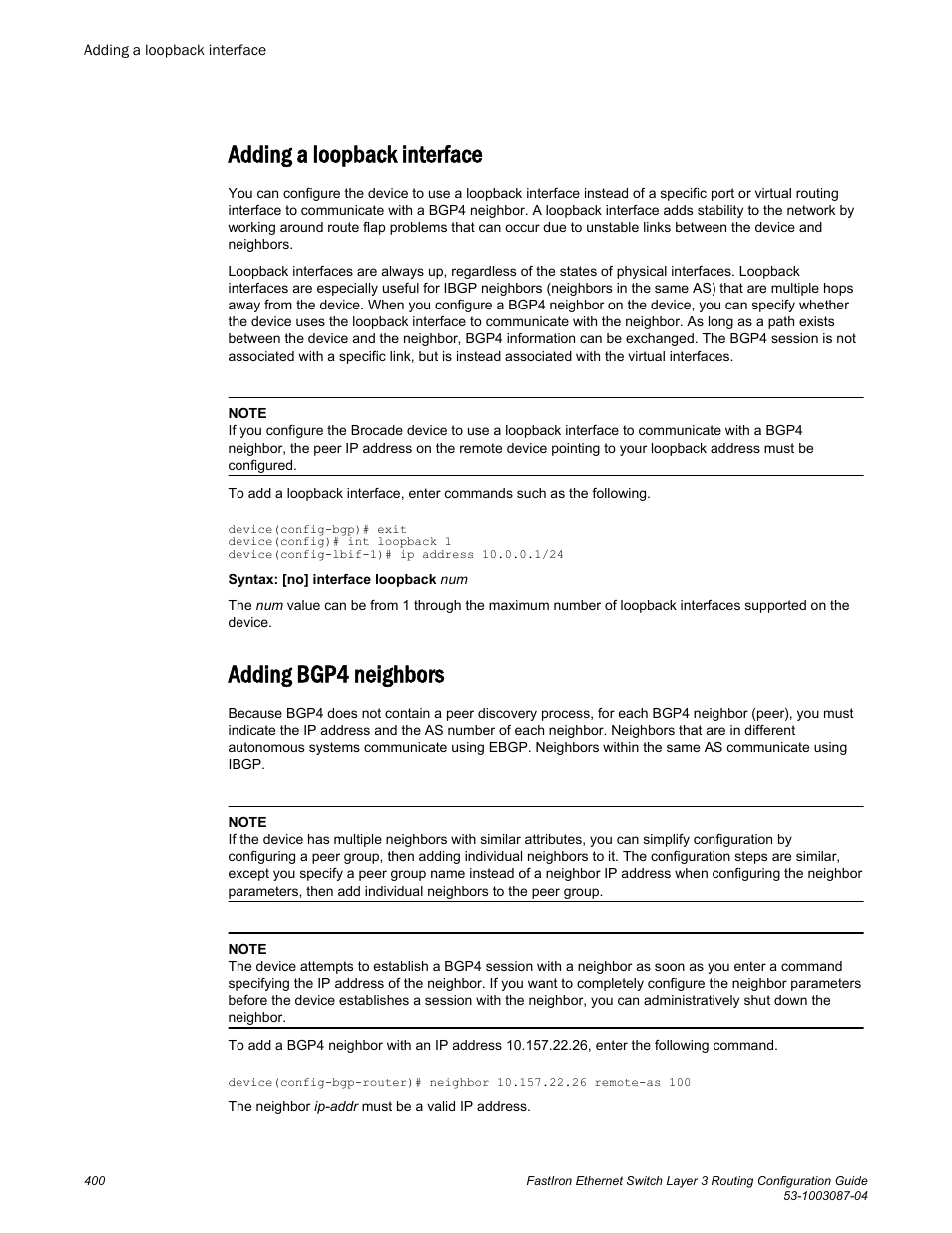 Adding a loopback interface, Adding bgp4 neighbors, Adding a loopback interface adding bgp4 neighbors | Brocade FastIron Ethernet Switch Layer 3 Routing Configuration Guide User Manual | Page 400 / 672