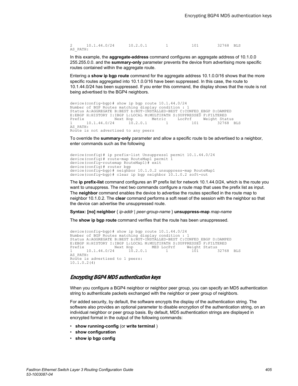 Encrypting bgp4 md5 authentication keys | Brocade FastIron Ethernet Switch Layer 3 Routing Configuration Guide User Manual | Page 405 / 672