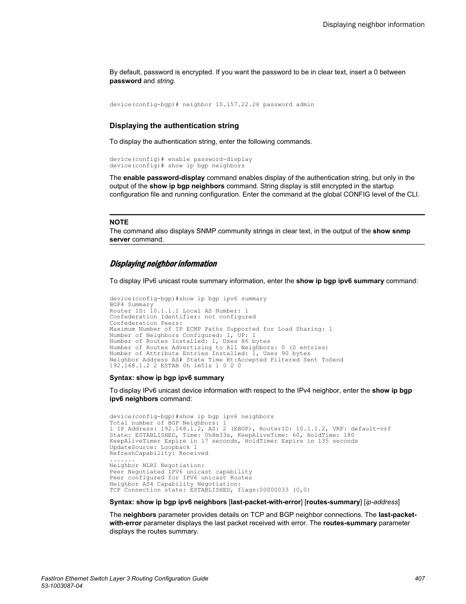 Displaying neighbor information | Brocade FastIron Ethernet Switch Layer 3 Routing Configuration Guide User Manual | Page 407 / 672