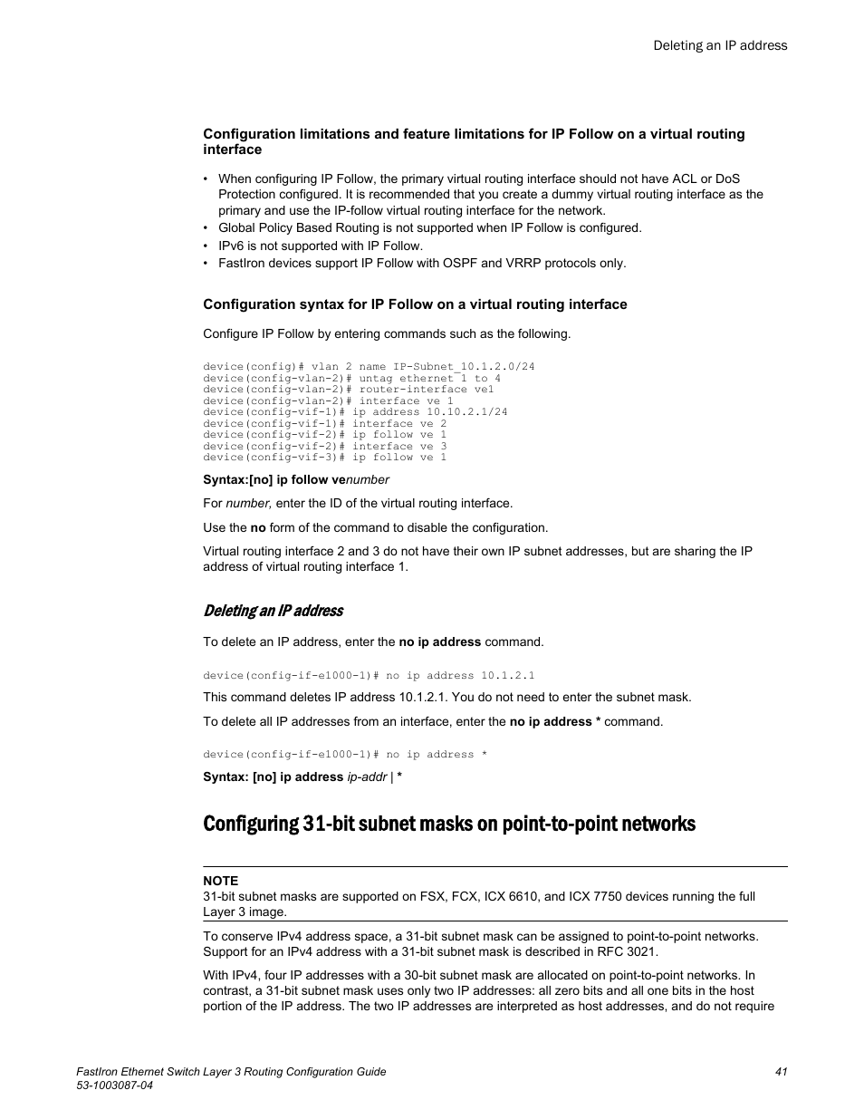 Deleting an ip address | Brocade FastIron Ethernet Switch Layer 3 Routing Configuration Guide User Manual | Page 41 / 672