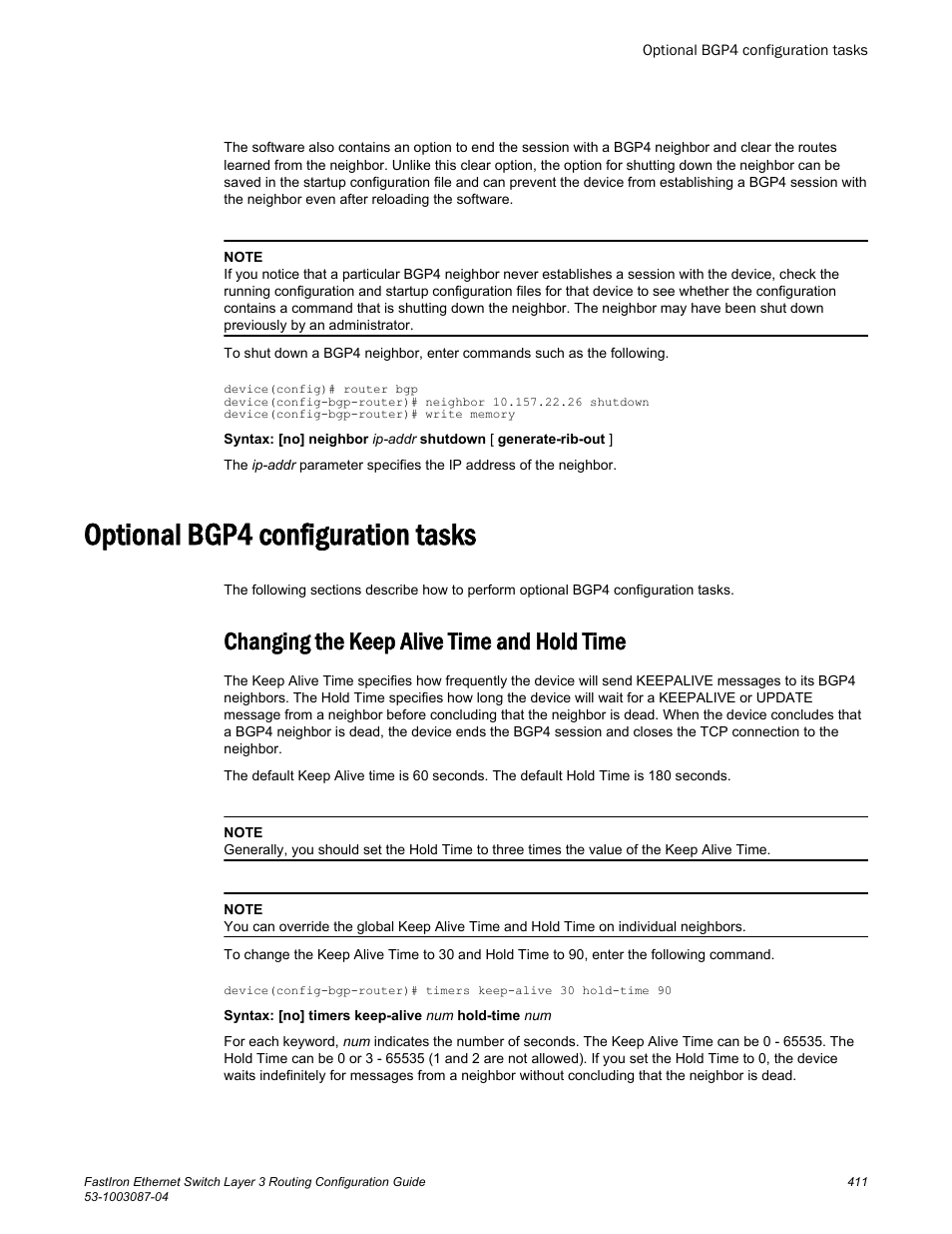 Optional bgp4 configuration tasks, Changing the keep alive time and hold time | Brocade FastIron Ethernet Switch Layer 3 Routing Configuration Guide User Manual | Page 411 / 672