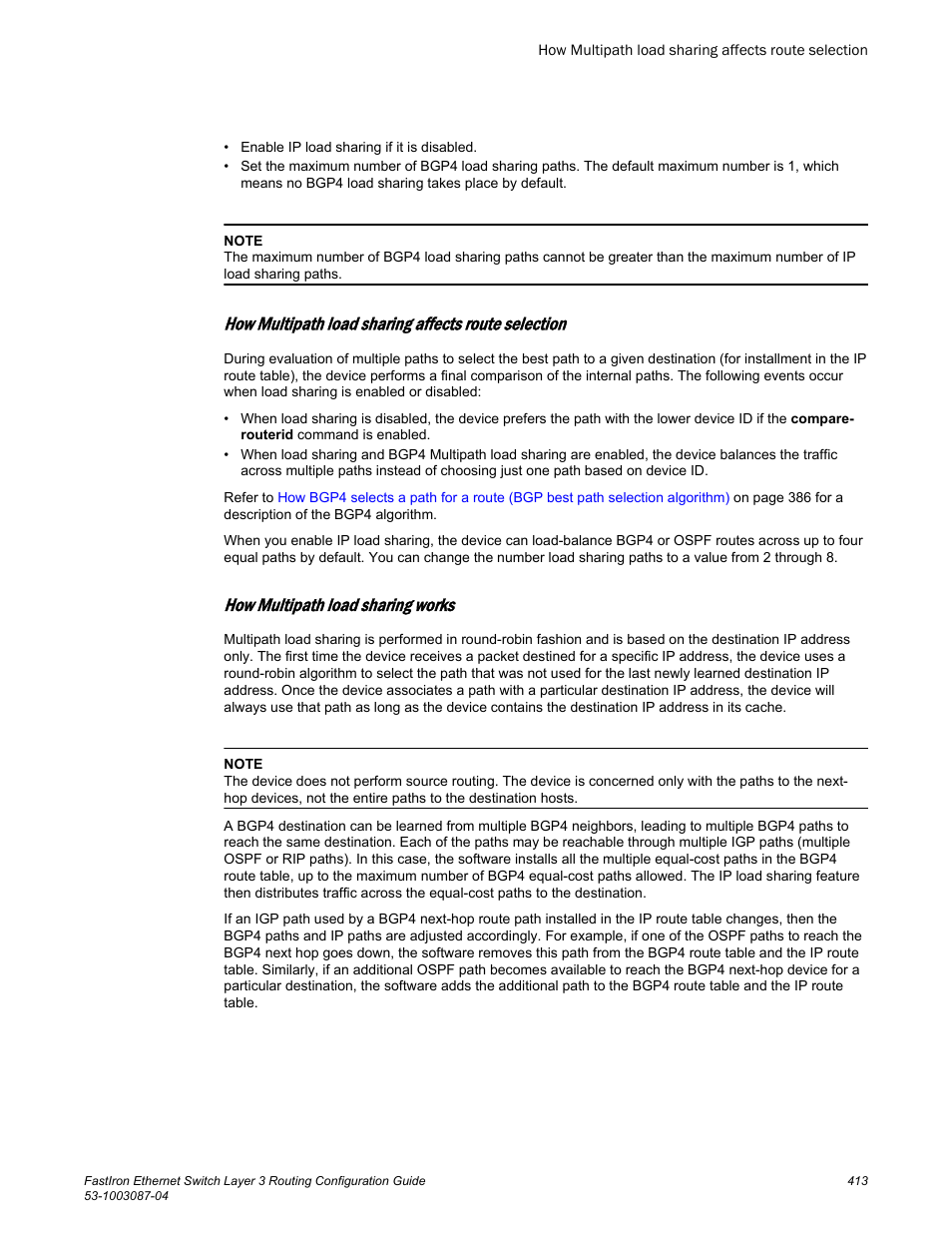 How multipath load sharing affects route selection, How multipath load sharing works | Brocade FastIron Ethernet Switch Layer 3 Routing Configuration Guide User Manual | Page 413 / 672