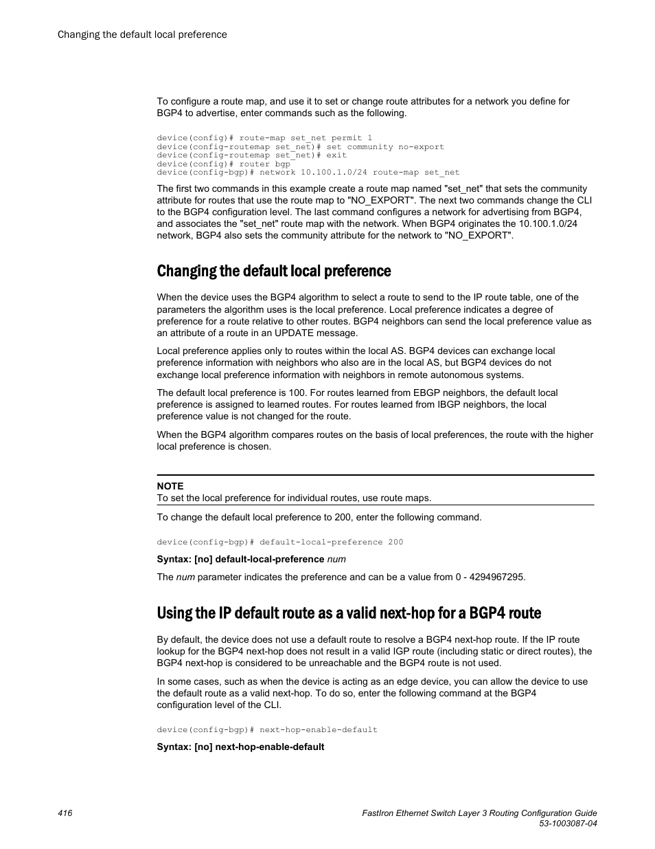 Changing the default local preference | Brocade FastIron Ethernet Switch Layer 3 Routing Configuration Guide User Manual | Page 416 / 672