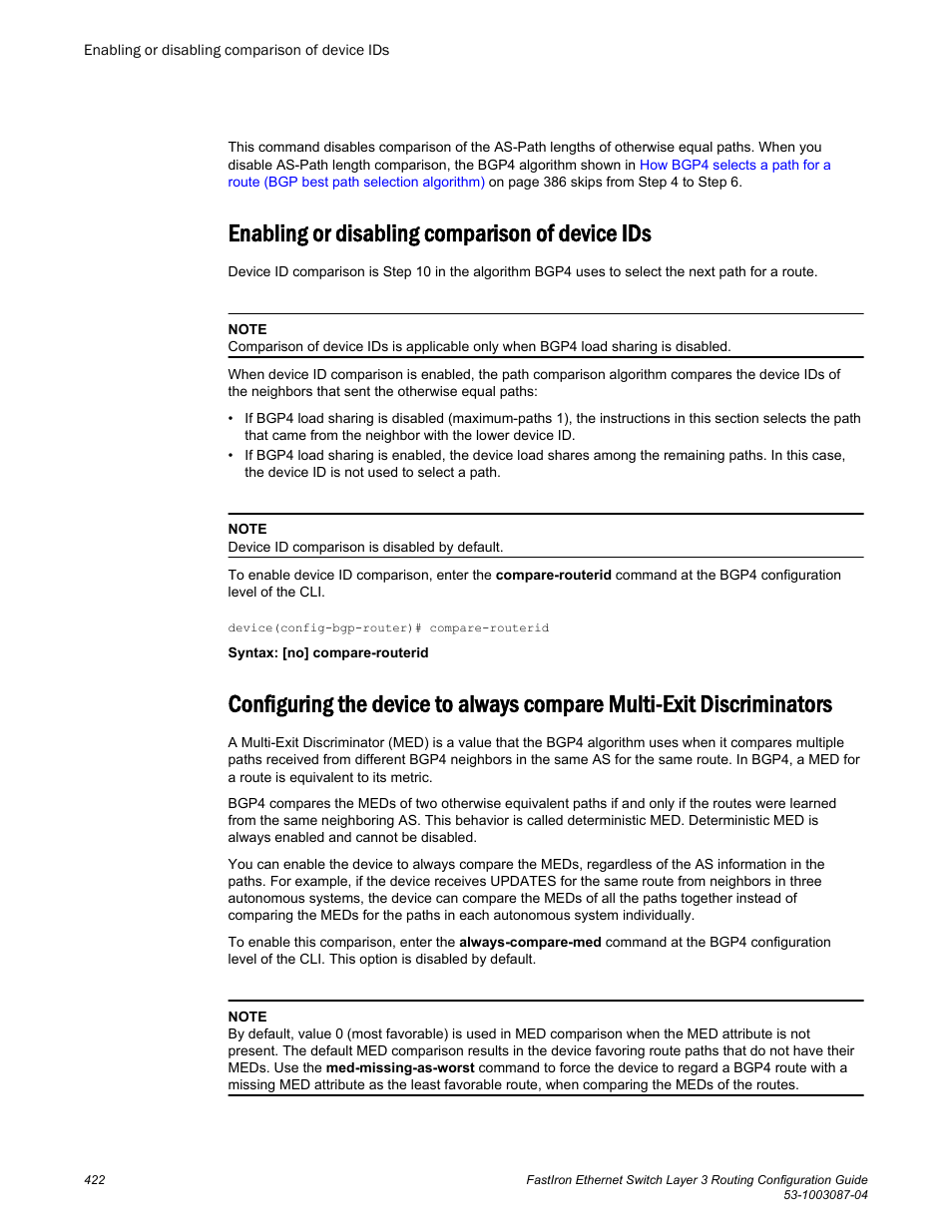 Enabling or disabling comparison of device ids, Discriminators | Brocade FastIron Ethernet Switch Layer 3 Routing Configuration Guide User Manual | Page 422 / 672