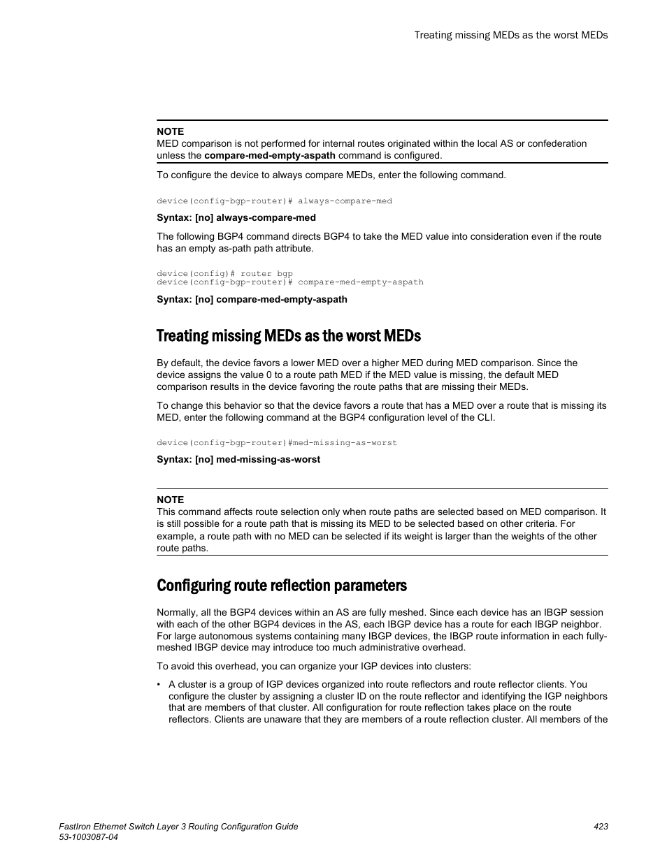 Treating missing meds as the worst meds, Configuring route reflection parameters | Brocade FastIron Ethernet Switch Layer 3 Routing Configuration Guide User Manual | Page 423 / 672